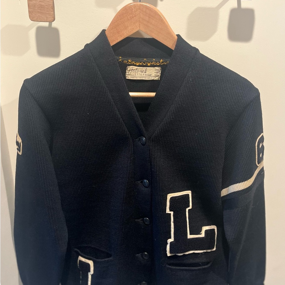 Navy Vintage Varsity Cardigan Letterman with Letter Patches